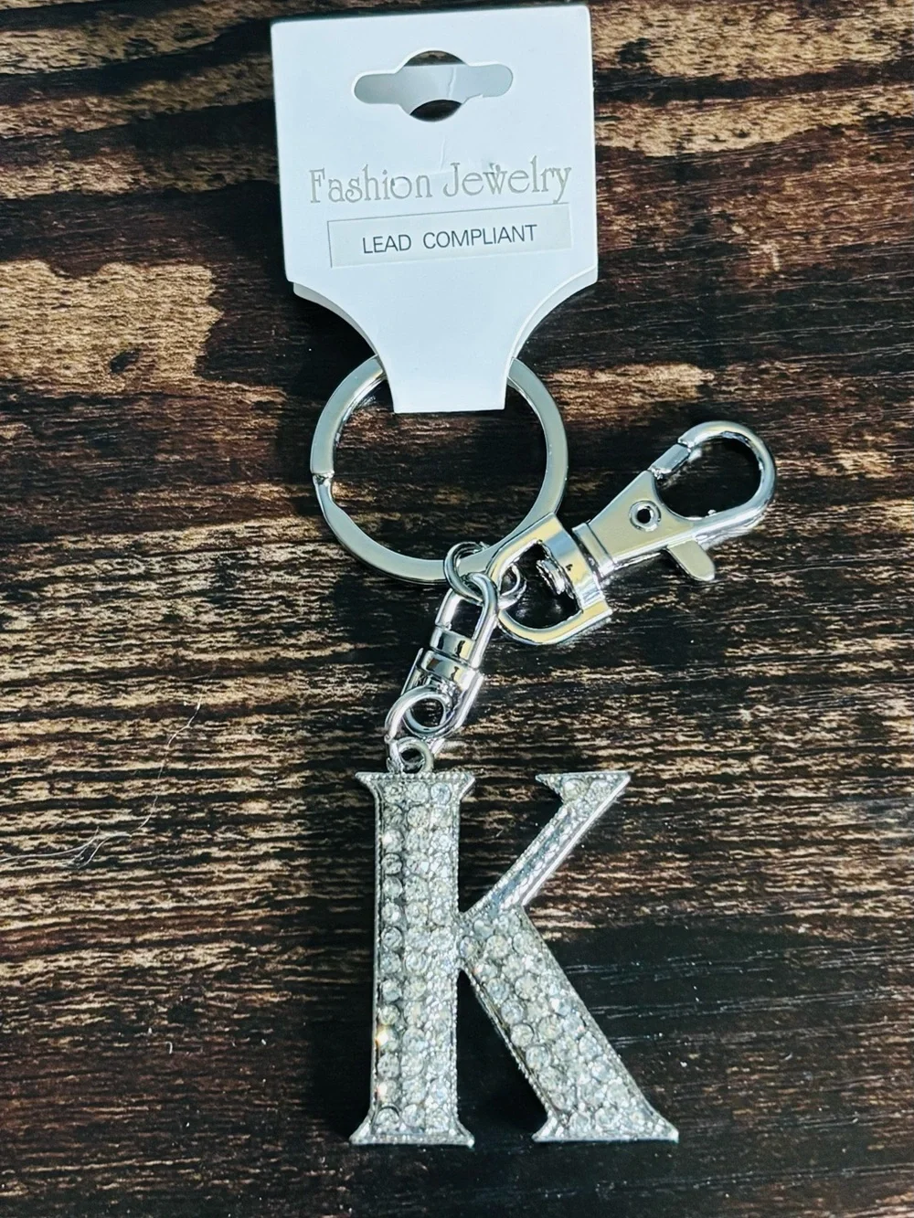 Silver Tone‎ Sparkling Crystal Rhinestone Letter K Key Ring with Clasp